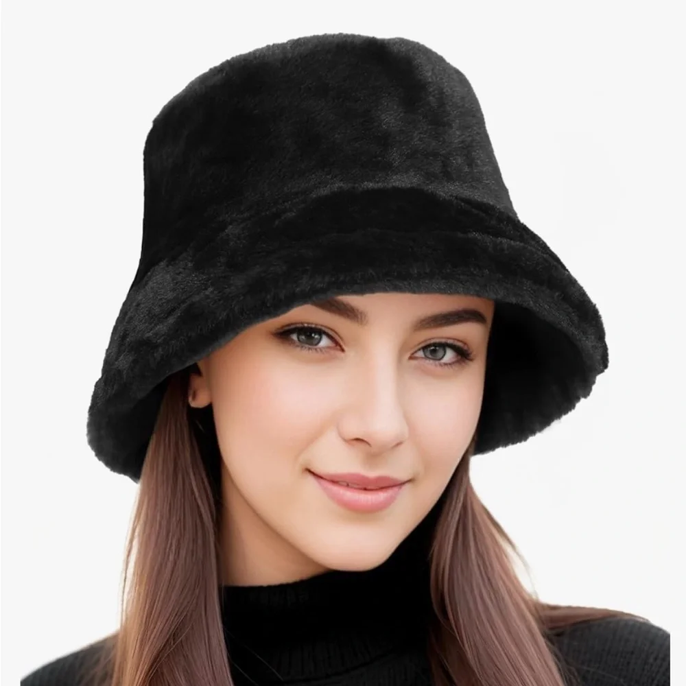 Faux Fur Furry Bucket Hat Winter Warm Unisex Adjustable Lightweight Black